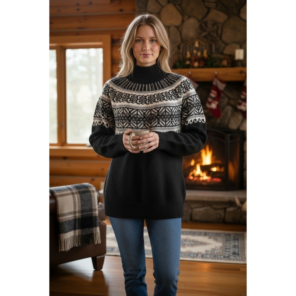 Rachel Zoe Fair Isle Embellished Mock Neck Sweater Black White Wool Blend Large